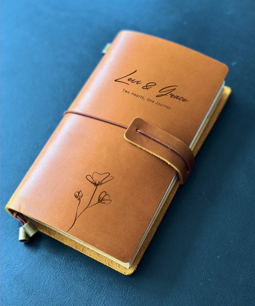 Personalized leather-bound journal with floral engraving, perfect for writers, business professionals, and couples. An ideal custom gift for mum, wife,her
