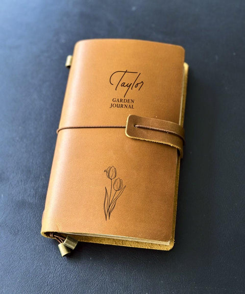 Personalised crazy horse leather notebook with Garden Journal title