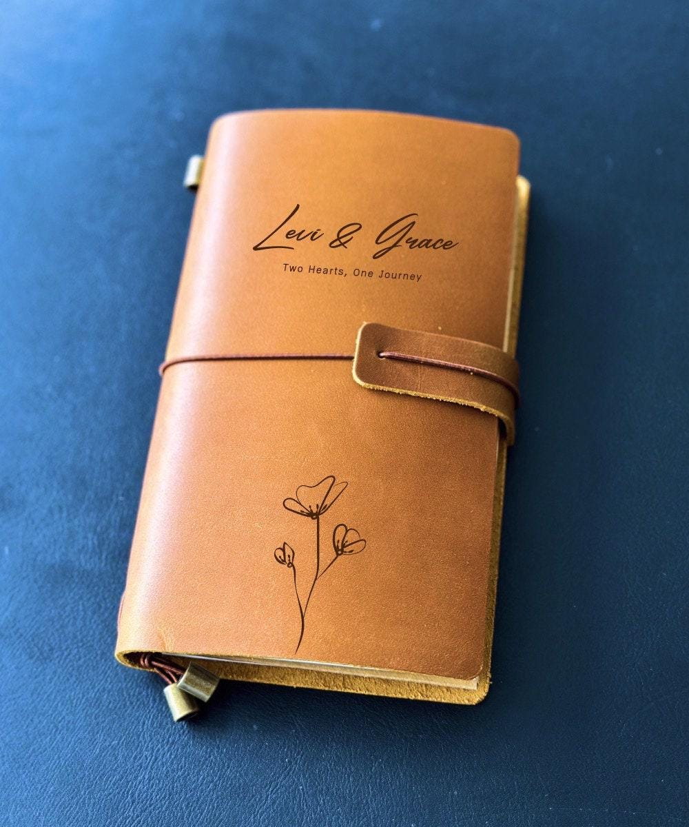 Floral engraved leather journal, custom-designed for her. Ideal for writers, couples, and professionals seeking a personalized and thoughtful gift