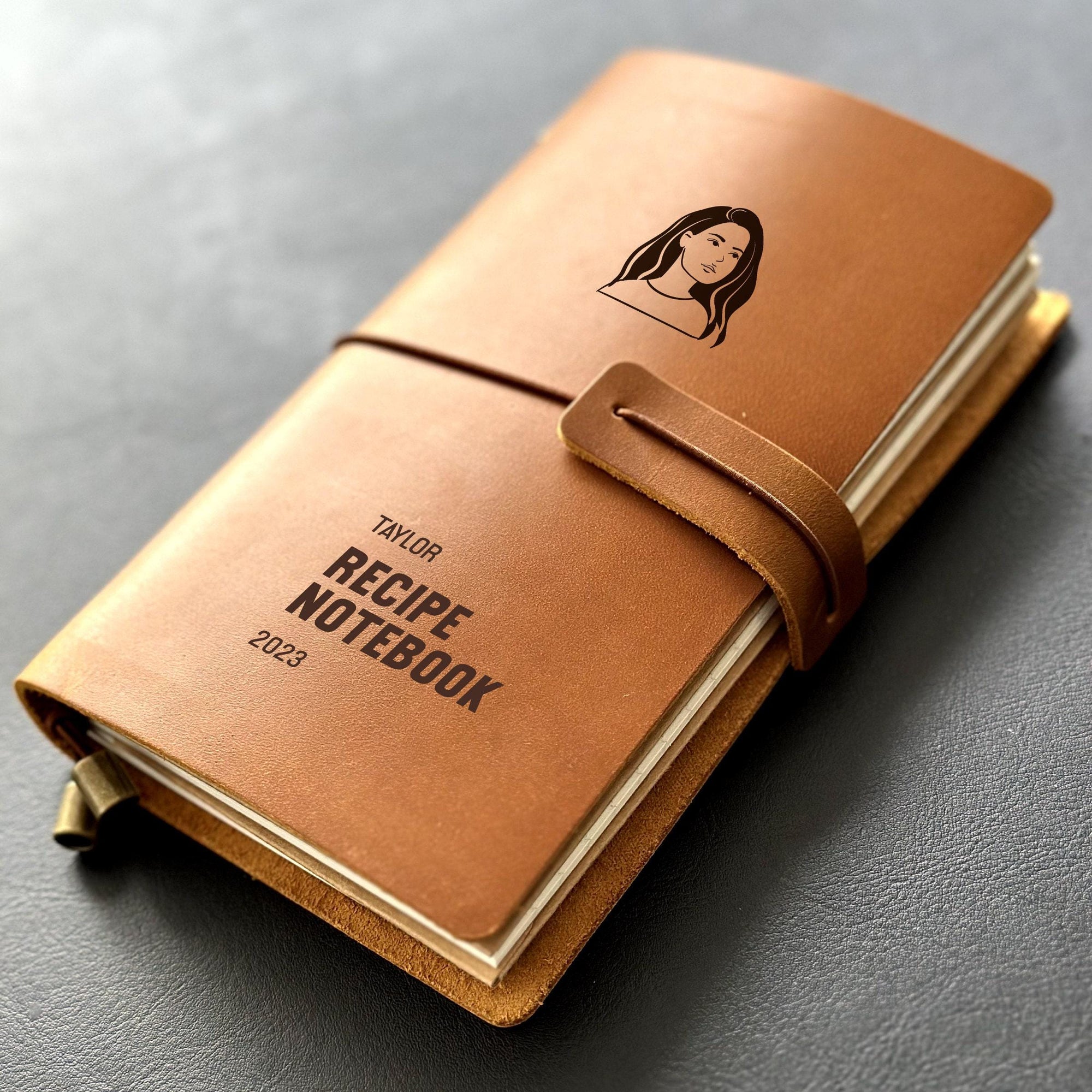 Handmade refillable leather recipe notebook with custom engraving