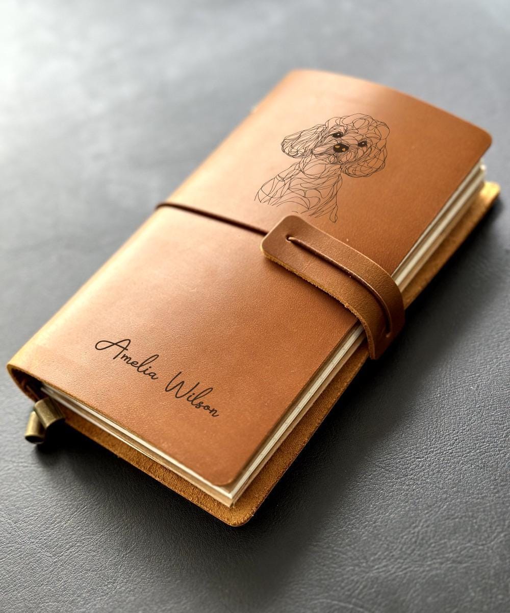 Handmade refillable leather journal with custom dog portrait engraving