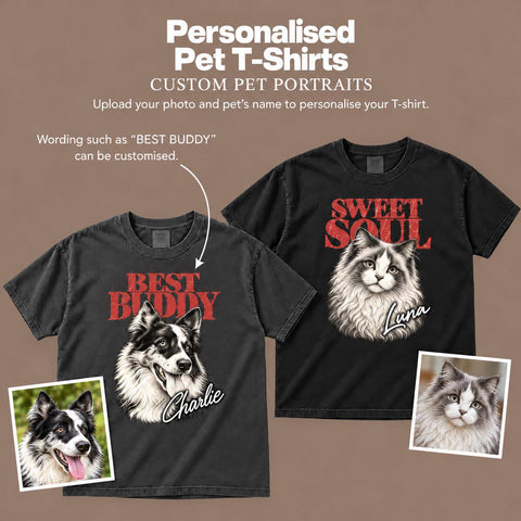 Best Buddy dog and Sweet Soul cat T-shirt examples showing custom pet portraits, names and headings.