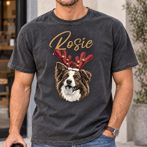 Personalised Christmas T-shirt with a dog portrait, festive antlers and the name Rosie.