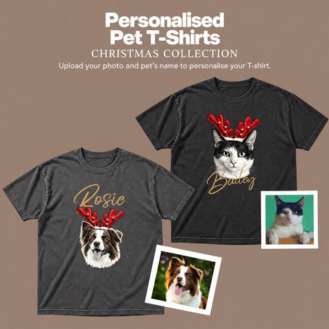 Matching Christmas T-shirt design examples featuring personalised dog and cat portraits with festive antlers and names.