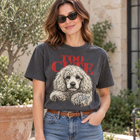 Custom pet portrait T-shirt showing a pet photo with a name and custom heading.