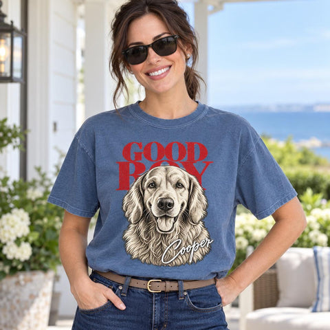 Custom pet photo T-shirt with a portrait and personalised wording, shown on a model.