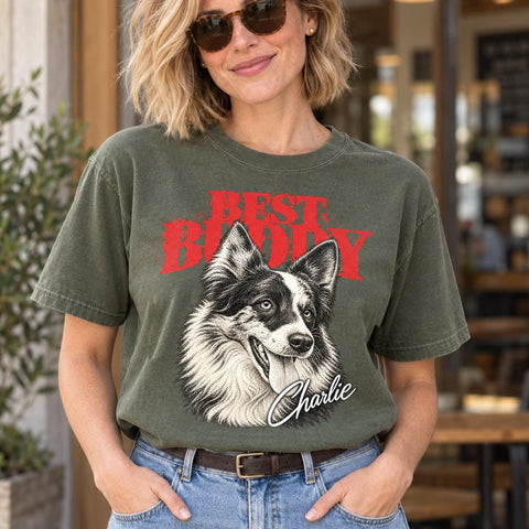 Woman wearing a custom pet photo T-shirt with a dog portrait, Best Buddy heading and Charlie name.