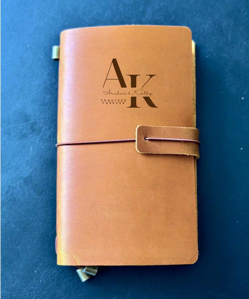 Leather journal with custom design, a unique wedding gift idea