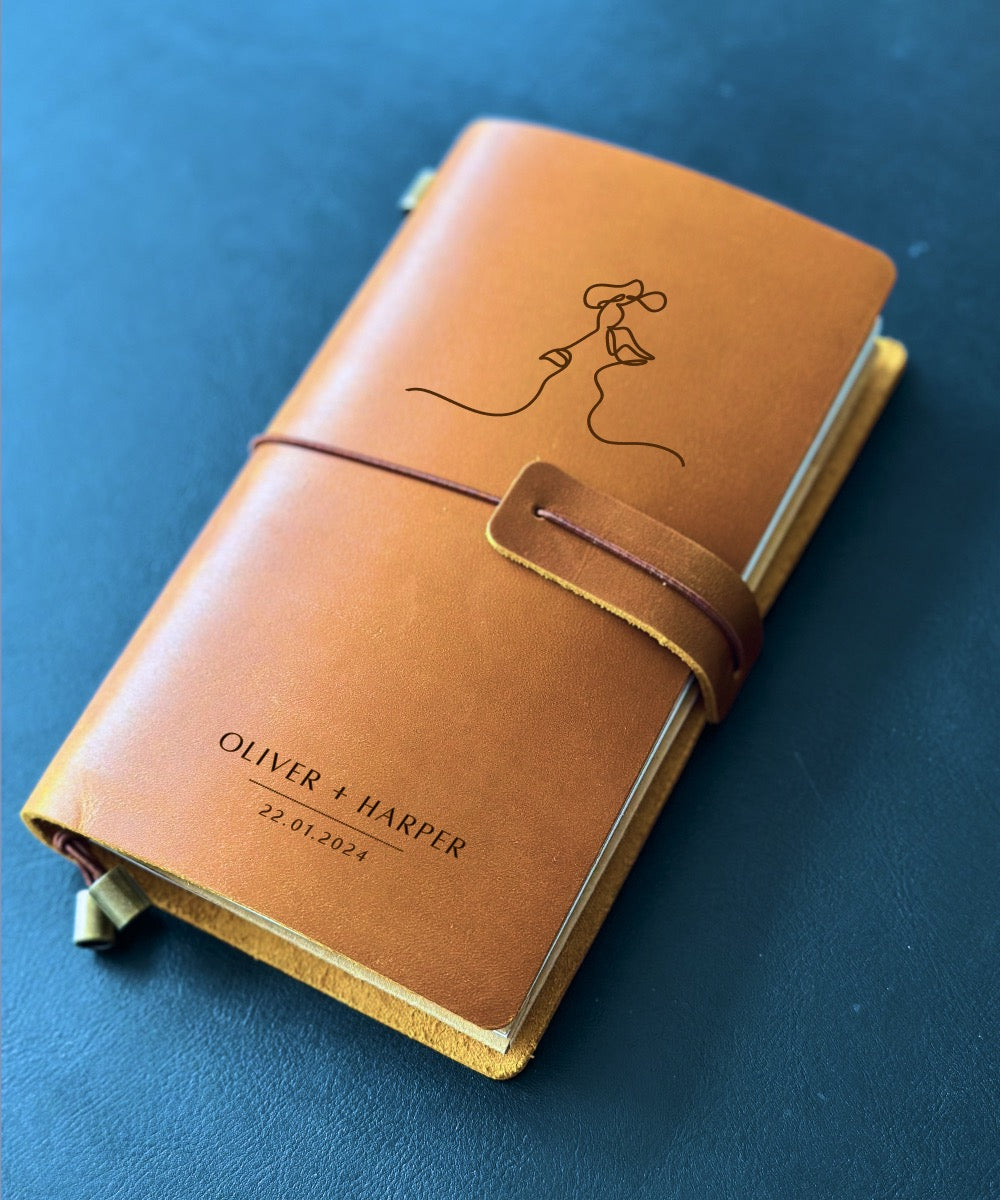 Minimalist leather journal for couples, perfect for personalized gifts.