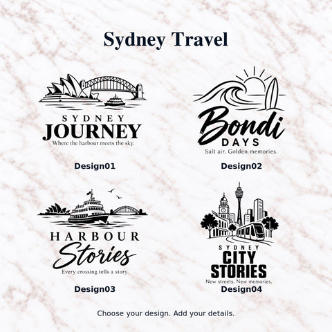 Four Sydney travel journal designs: Sydney Journey with harbour landmarks, Bondi Days with surf artwork, Harbour Stories with a ferry, and Sydney City Stories with light rail.