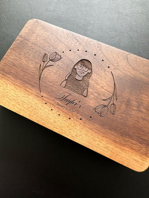 Personalised Wooden Jewellery Box with Custom Portrait Engraving